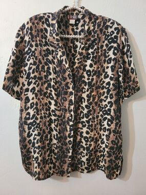 Vintange Stylish 100% Silk Women Leppard Print Blouse Size Large!